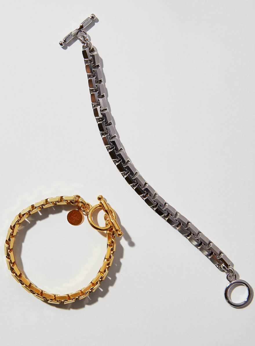 Gold and silver heavy 3D cube chain that transforms from a necklace to two bracelets