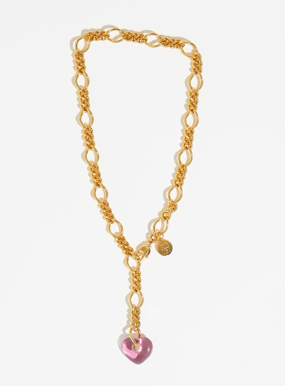 Chunky gold chain necklace with lavender Czech glass heart