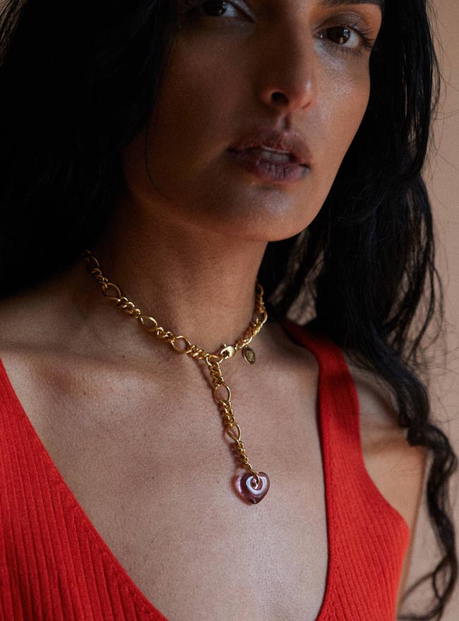 Chunky gold chain necklace with lavender Czech glass heart