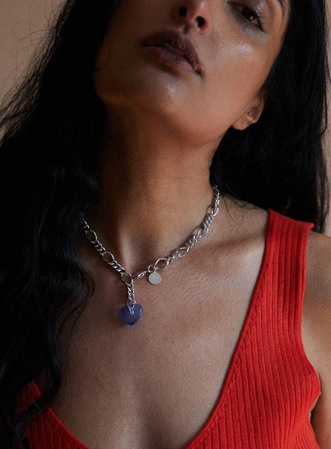 Chunky silver chain necklace with baby blue Czech glass heart