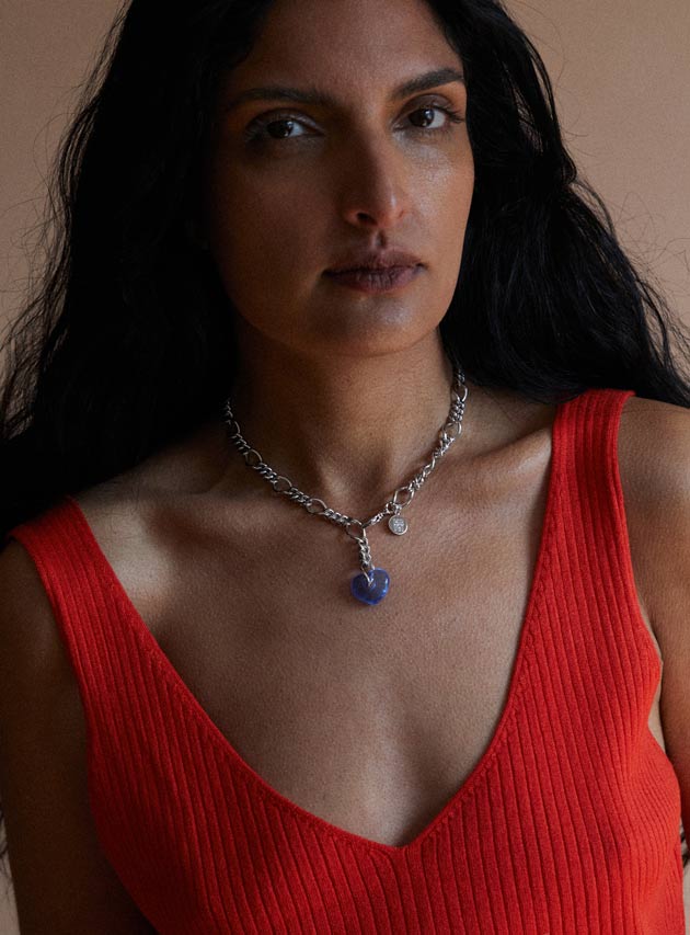 Chunky silver chain necklace with baby blue Czech glass heart