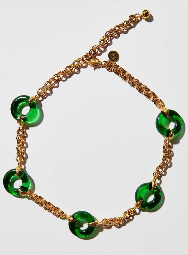 Green Czech glass necklace with chunky adjustable gold chain