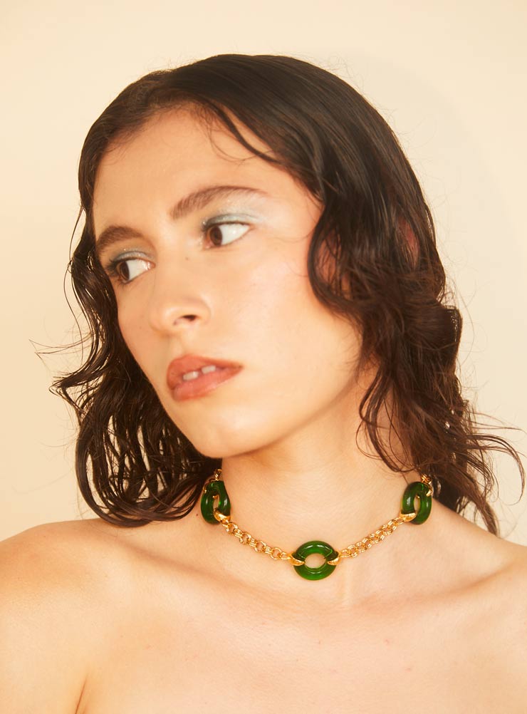 Green Czech glass necklace with chunky adjustable gold chain