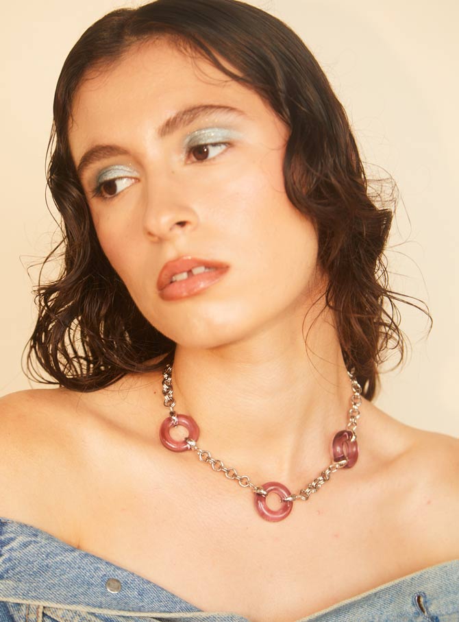 Lavender Czech glass necklace with chunky adjustable silver chain