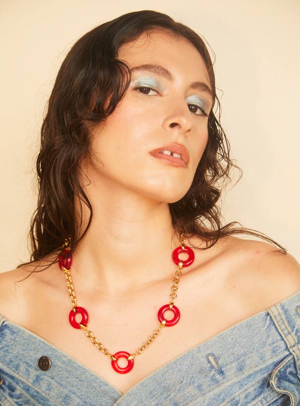 Red Czech glass necklace with chunky adjustable gold chain