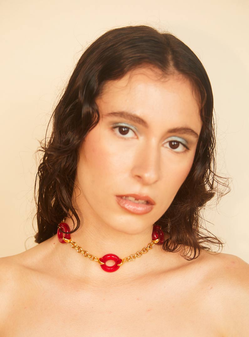 Red Czech glass necklace with chunky adjustable gold chain 