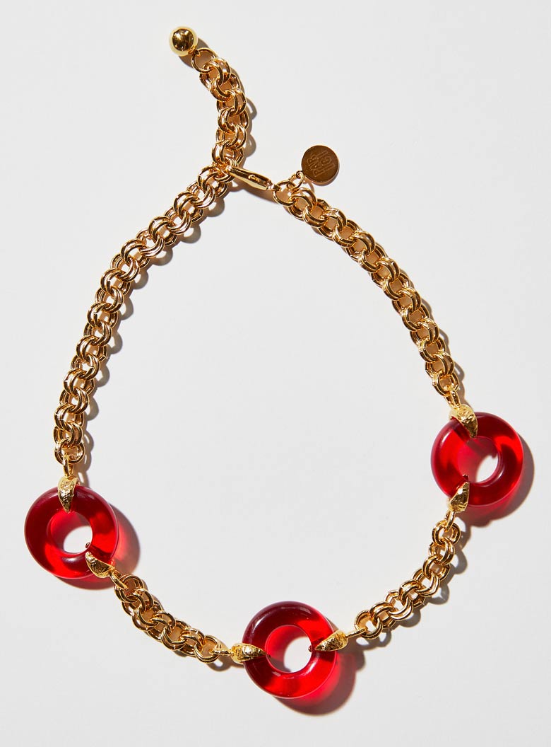 Red Czech glass necklace with chunky adjustable gold chain