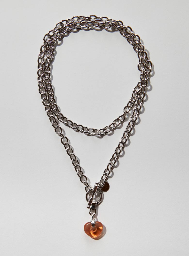 Peach Czech glass heart necklace with an long adjustable silver chunky chain and toggle clasp