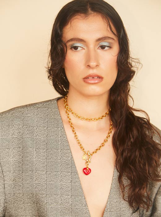 Red Czech glass heart necklace with an long adjustable gold chunky chain and toggle clasp