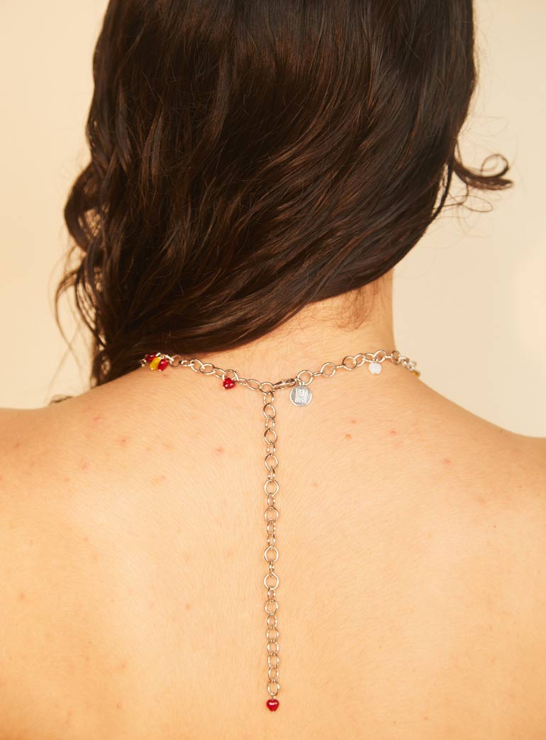 Mini Czech glass hearts on silver rhodium adjustable chain