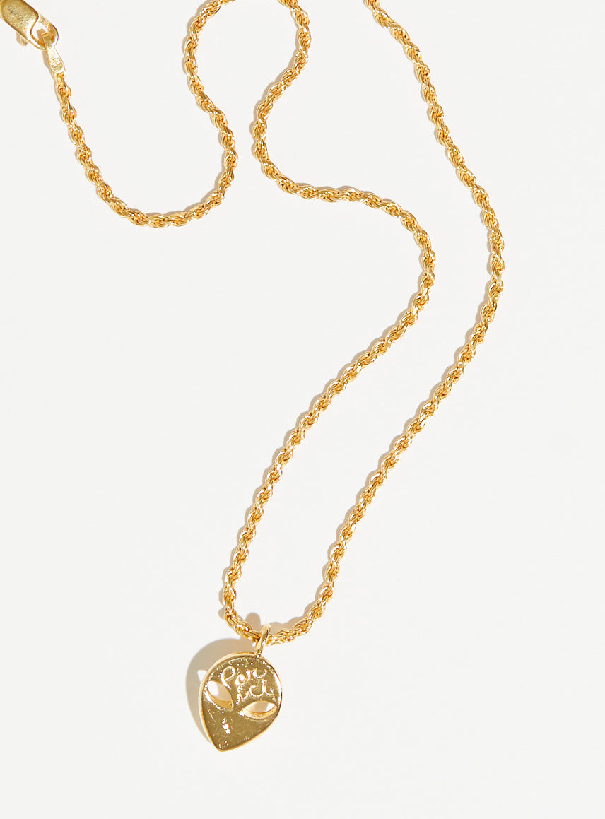 gold vermeil hand made alien head pendant on twist chain