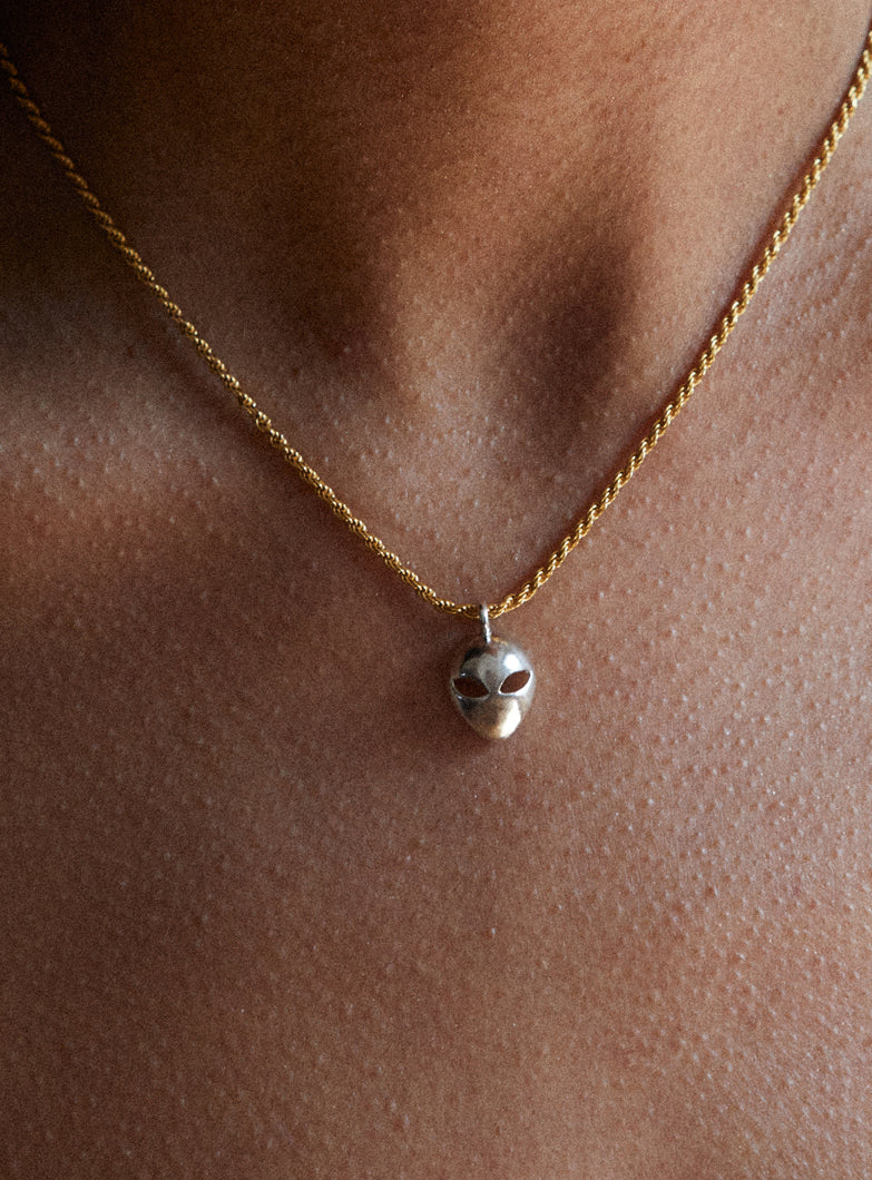 sterling silver hand made alien head pendant on gold vermeil twist chain