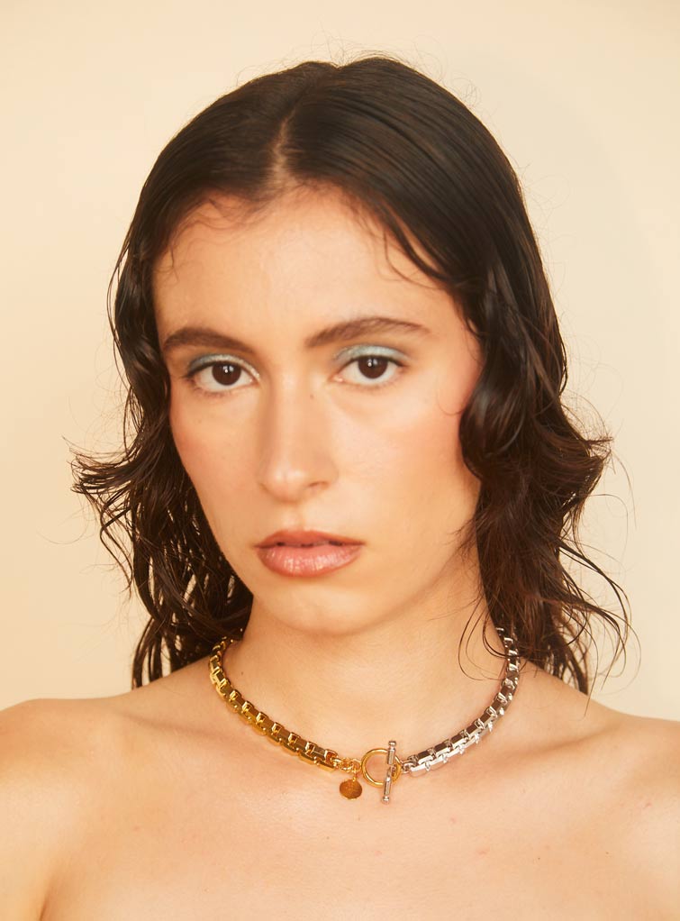 Gold and silver heavy 3D cube chain that transforms from a necklace to two bracelets