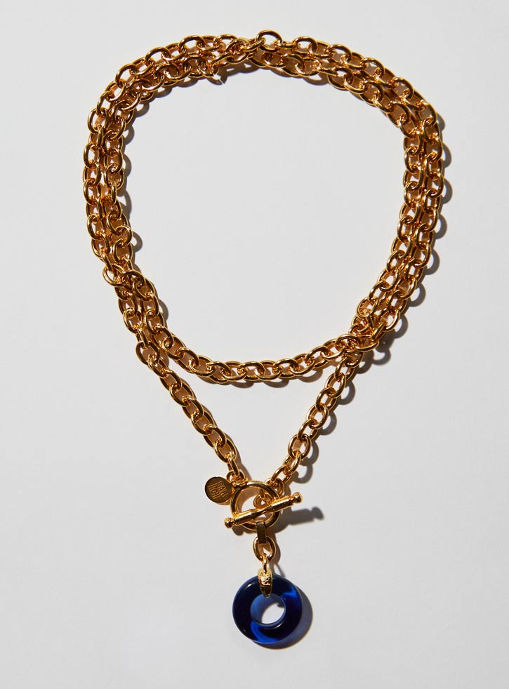 Dark blue Czech glass necklace with an long adjustable gold chunky chain and toggle clasp