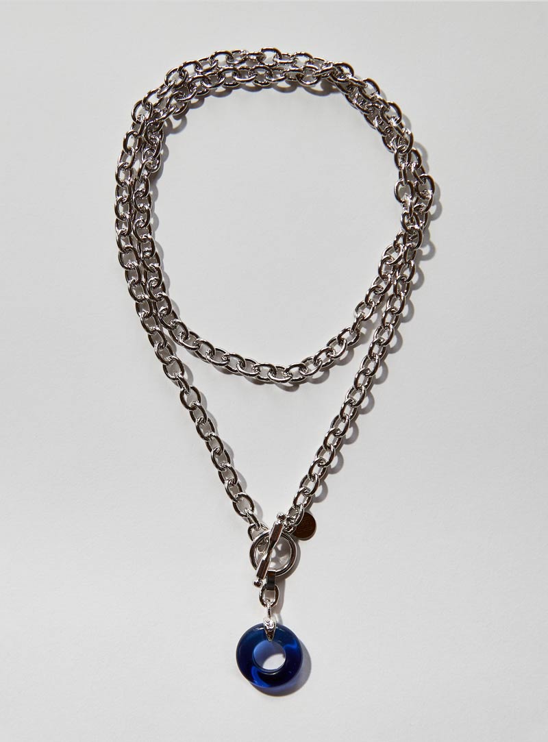 Dark blue Czech glass necklace with an long adjustable silver chunky chain and toggle clasp