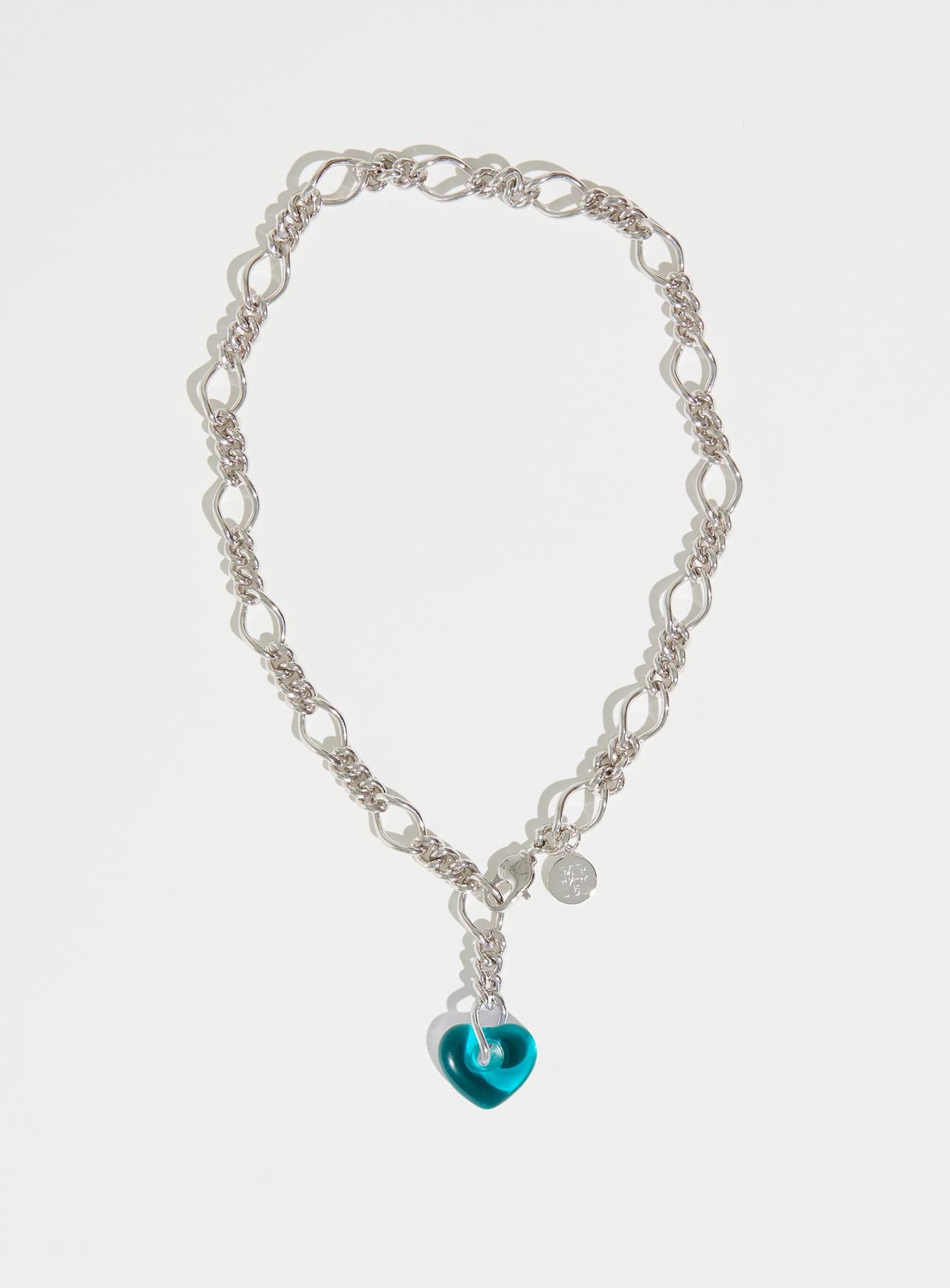 Chunky silver chain necklace with teal Czech glass heart