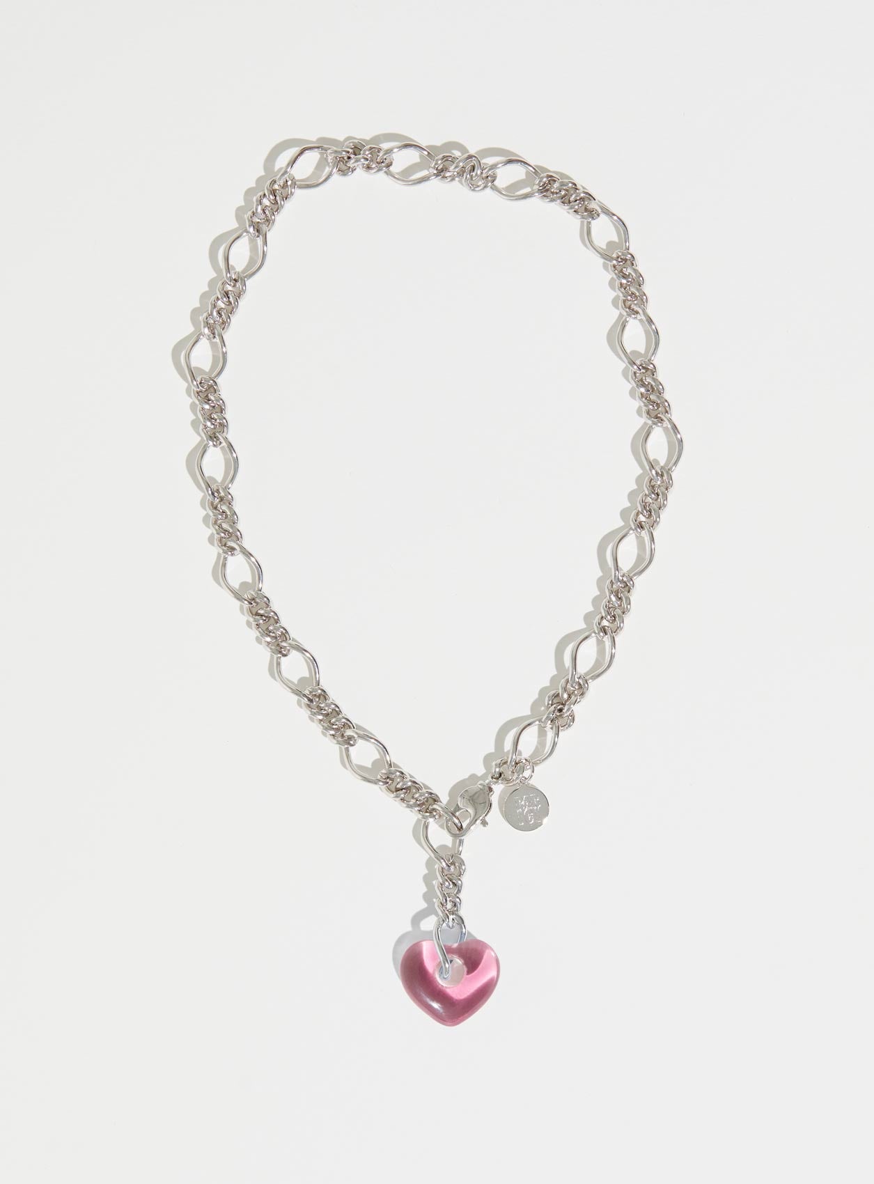 Chunky silver chain necklace with lavender Czech glass heart