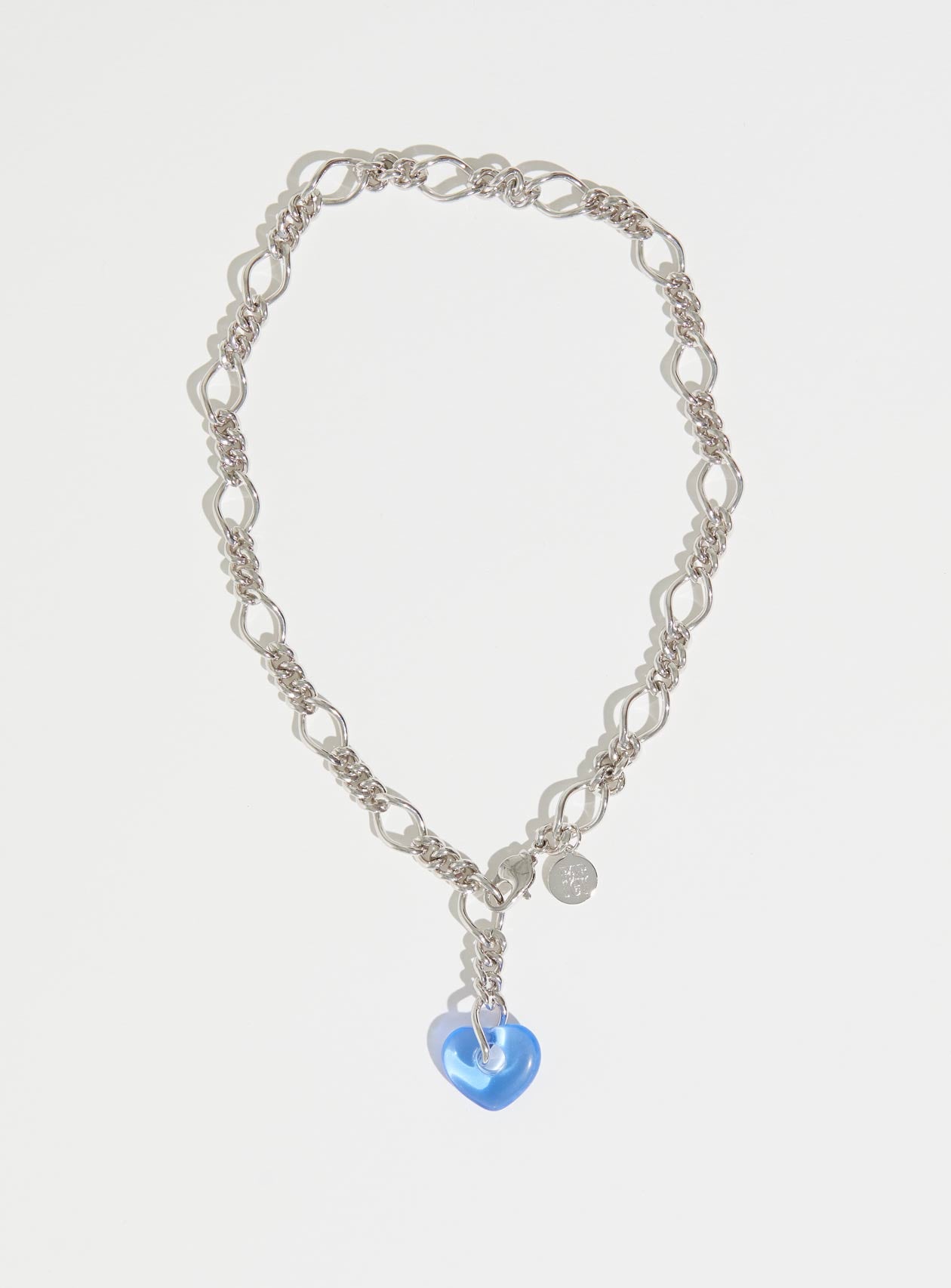 Chunky silver chain necklace with baby blue Czech glass heart
