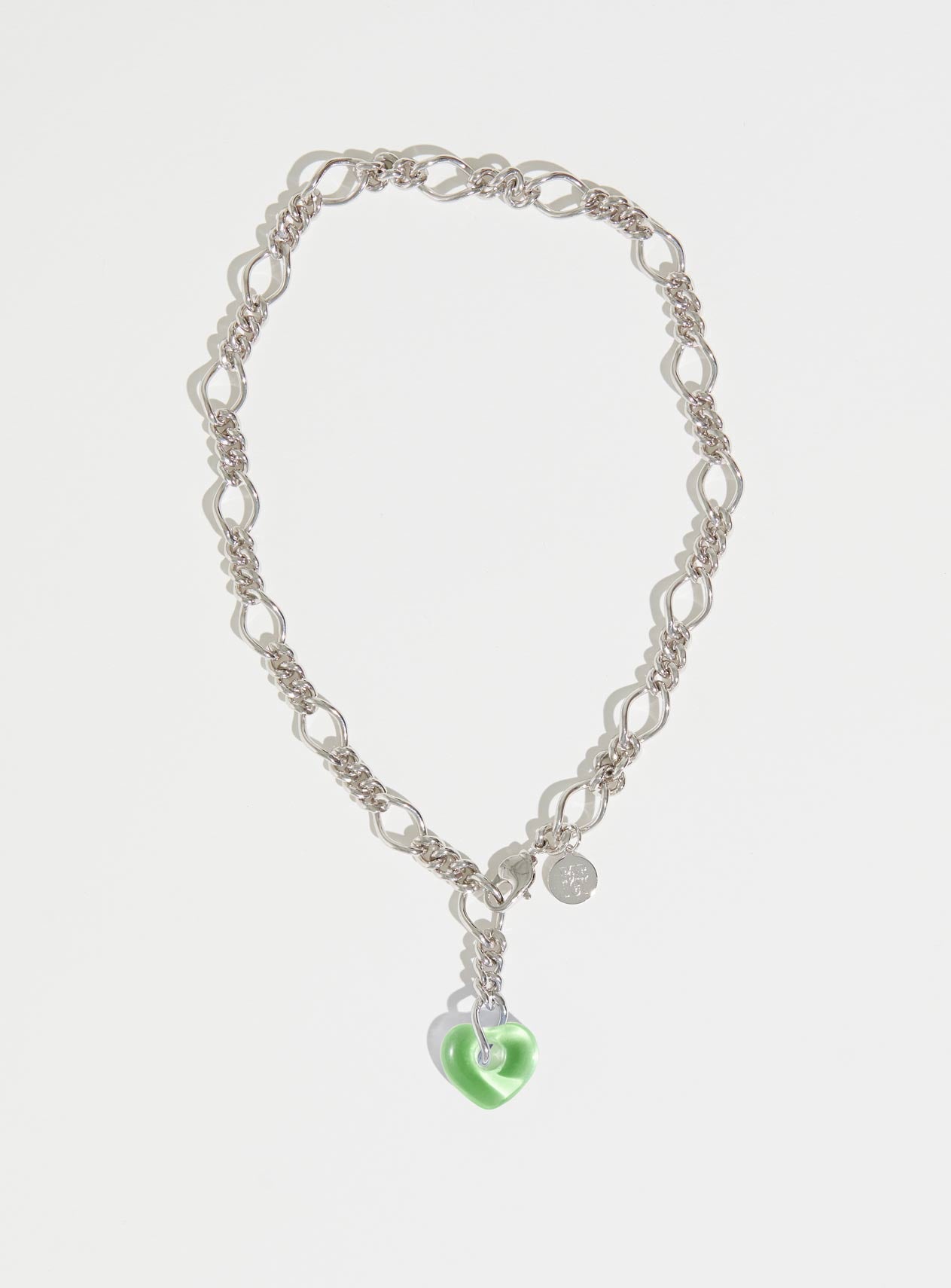 Chunky silver chain necklace with mint green Czech glass heart