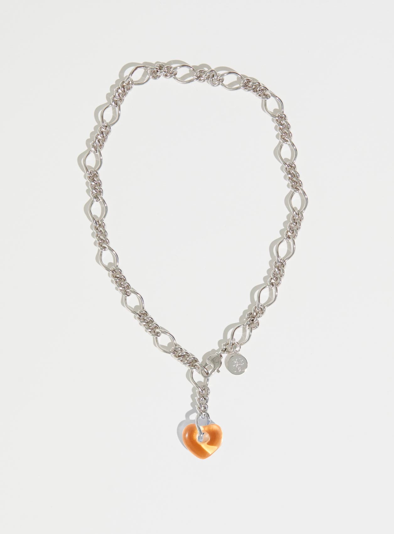 Chunky silver chain necklace with peach Czech glass heart