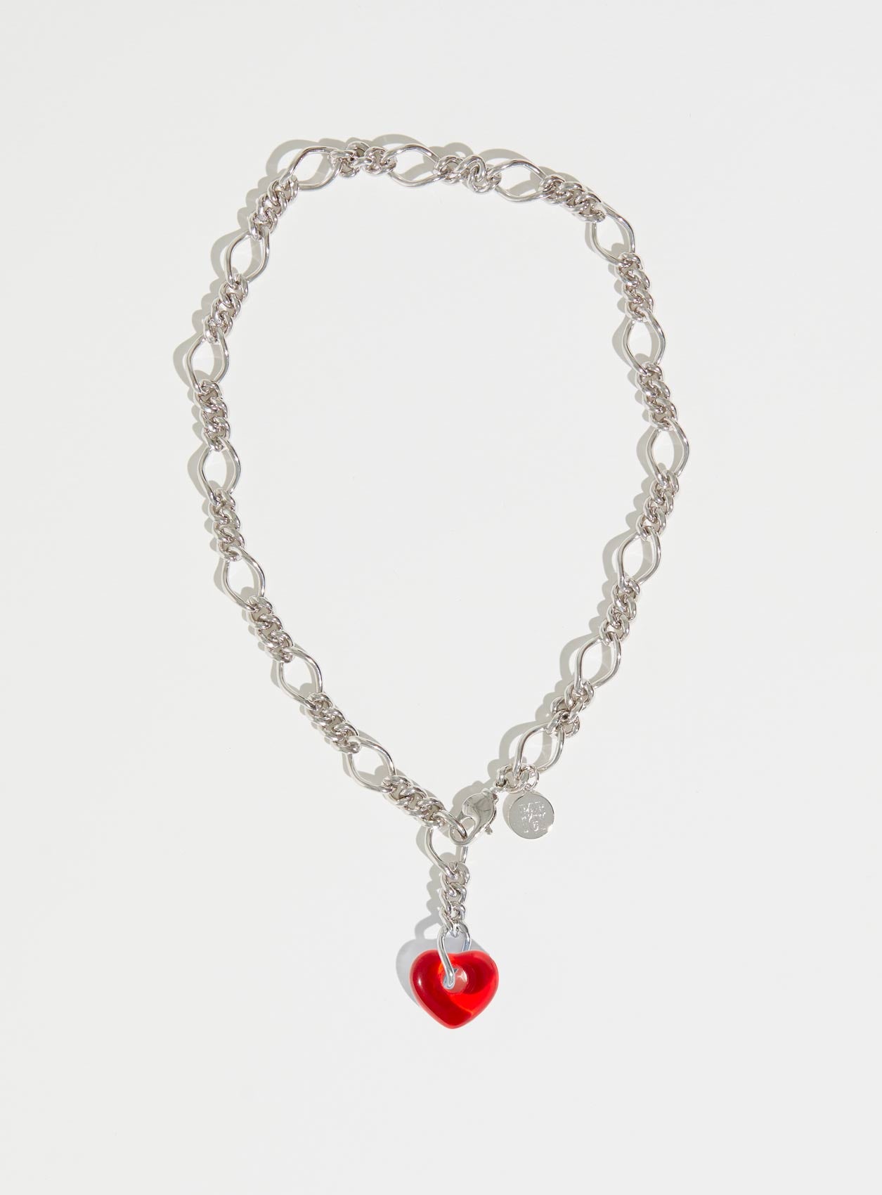 Chunky silver chain necklace with red Czech glass heart