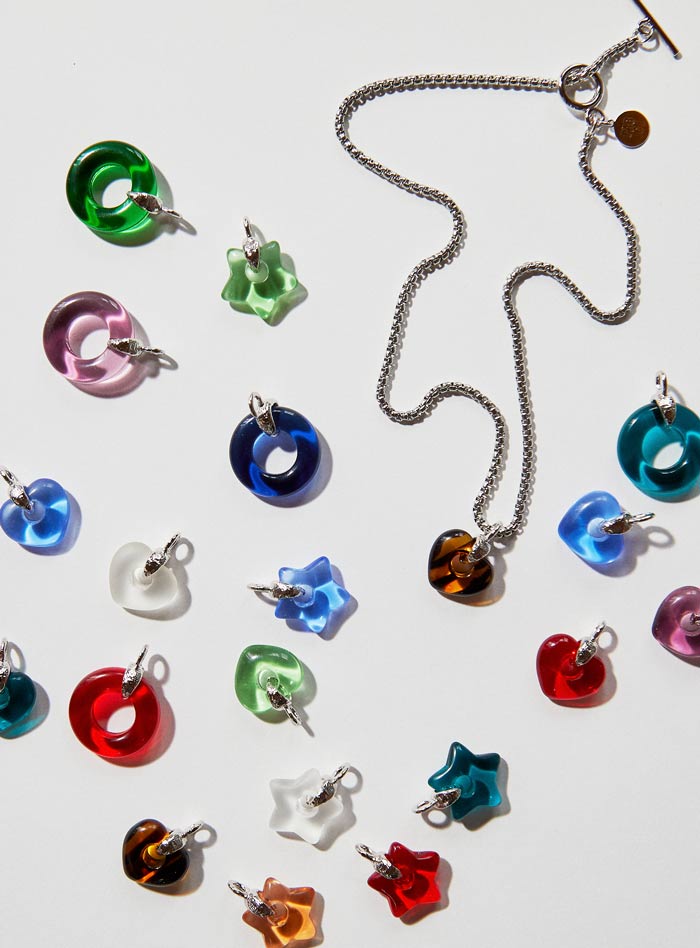 Medium size chain in silver with Czech glass colourful heart and star pendants