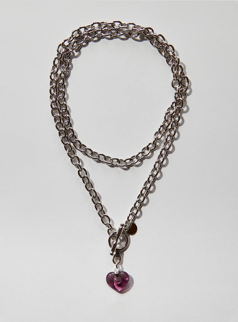 Lavender Czech glass heart necklace with an long adjustable silver chunky chain and toggle clasp