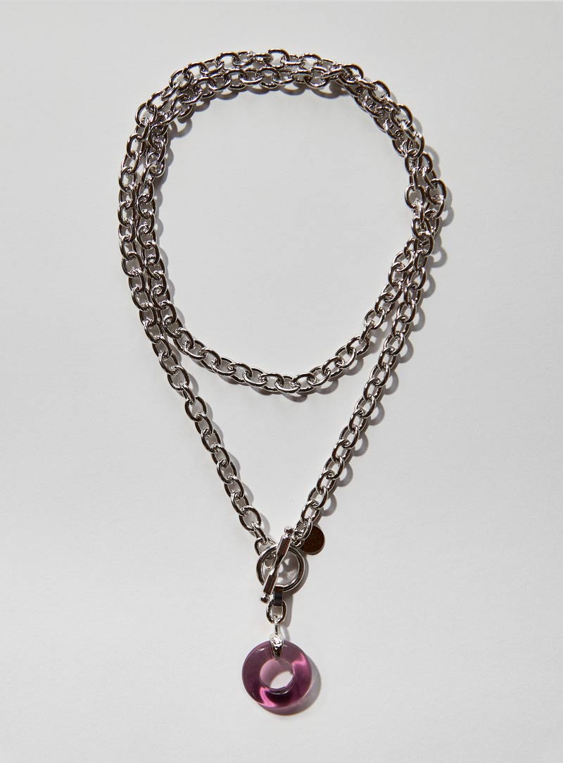Lavender Czech glass necklace with an long adjustable silver chunky chain and toggle clasp