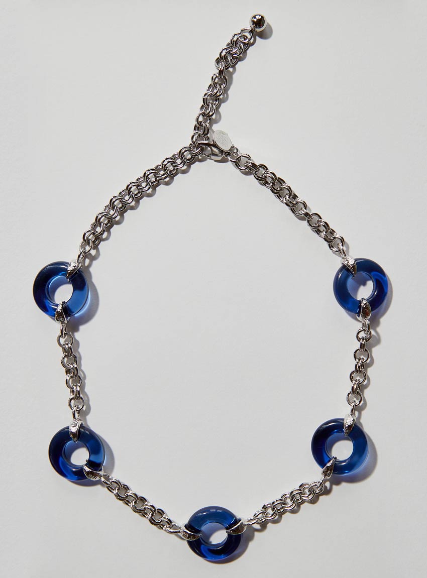Blue Czech glass necklace with chunky adjustable silver chain