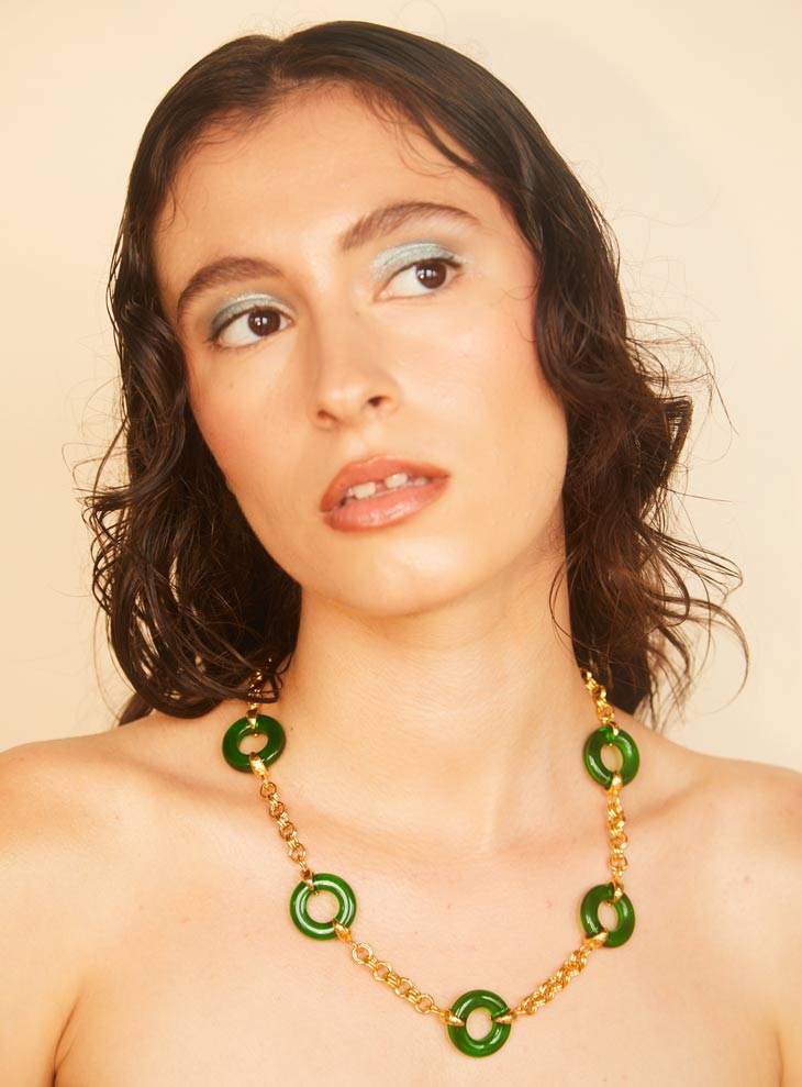 Green Czech glass necklace with chunky adjustable gold chain