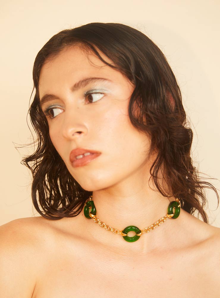 Green Czech glass necklace with chunky adjustable gold chain 
