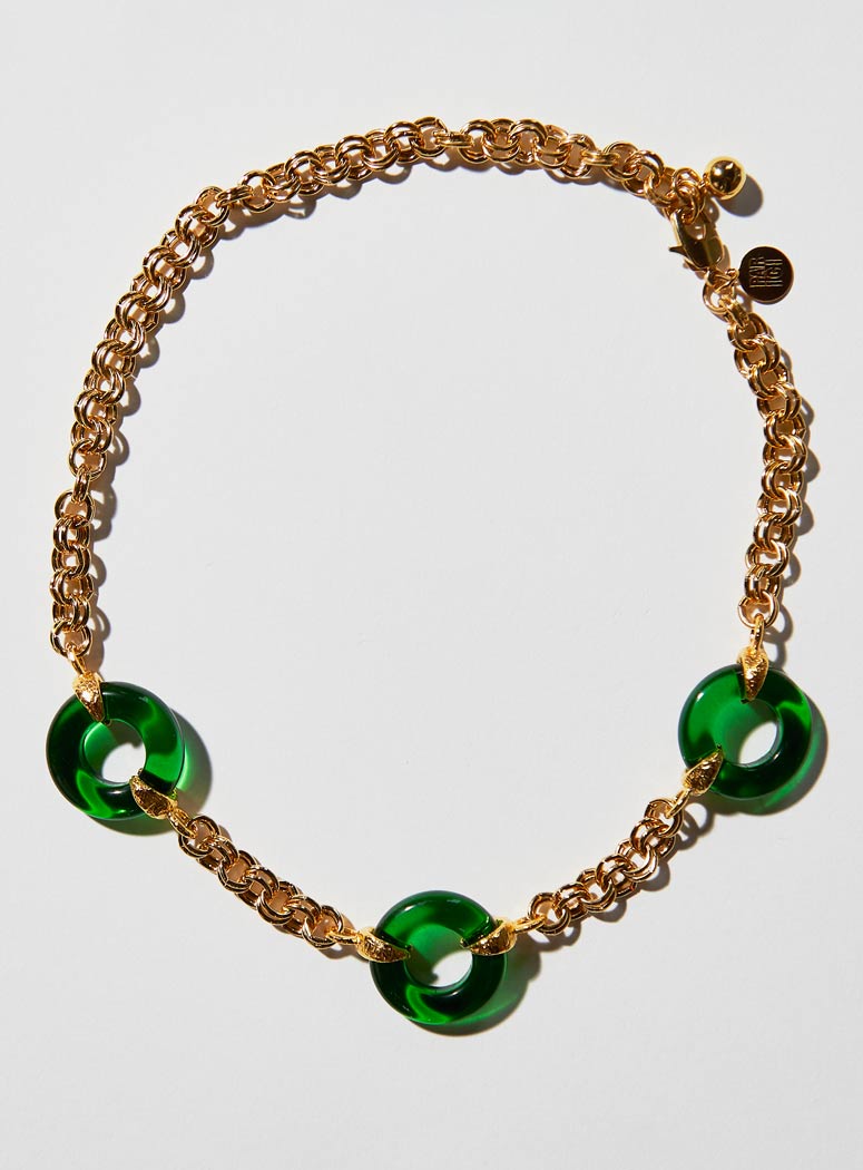Green Czech glass necklace with chunky adjustable gold chain 