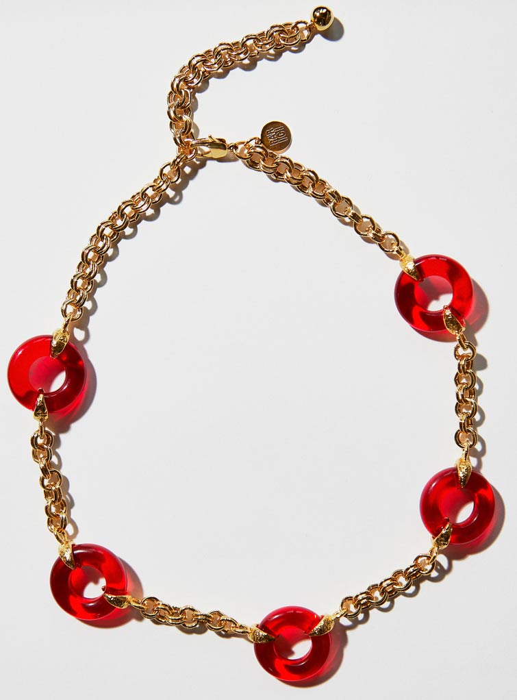 Red Czech glass necklace with chunky adjustable gold chain