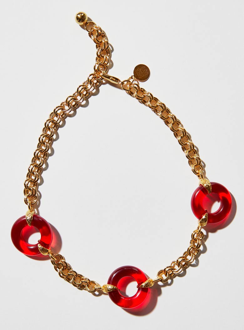 Red Czech glass necklace with chunky adjustable gold chain 