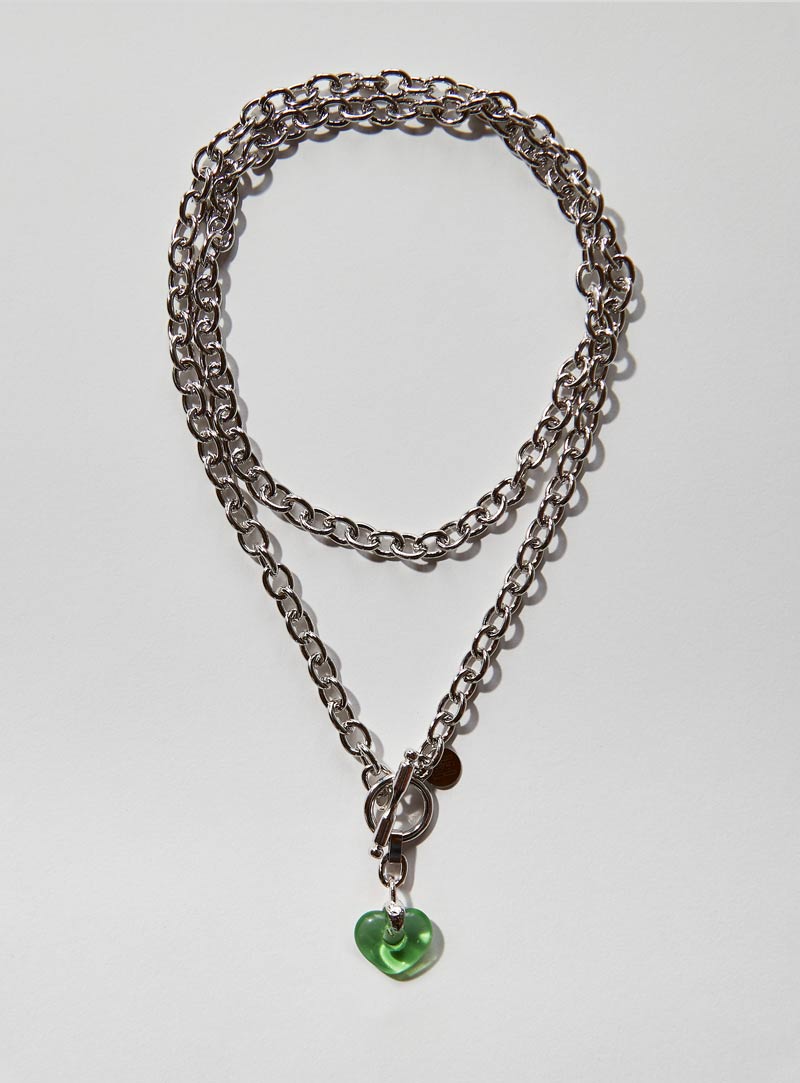 Mint Czech glass heart necklace with an long adjustable silver chunky chain and toggle clasp