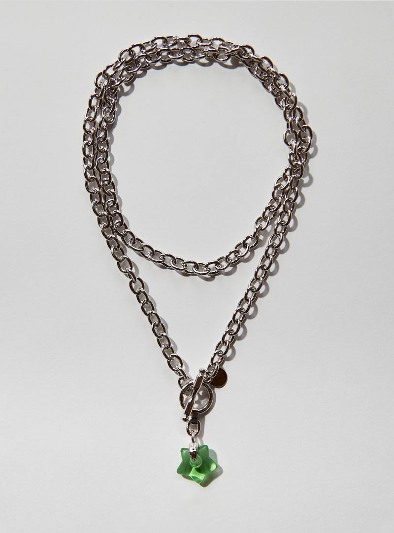 Mint Czech glass star necklace with an long adjustable silver chunky chain and toggle clasp