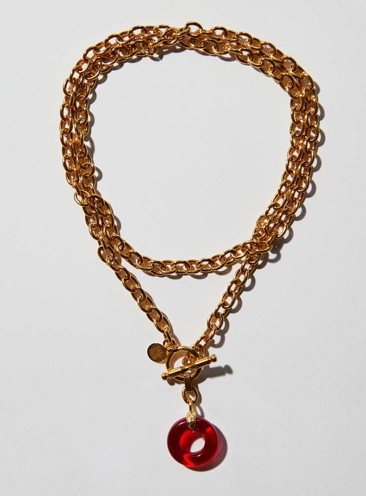 Red Czech glass necklace with an long adjustable gold chunky chain and toggle clasp