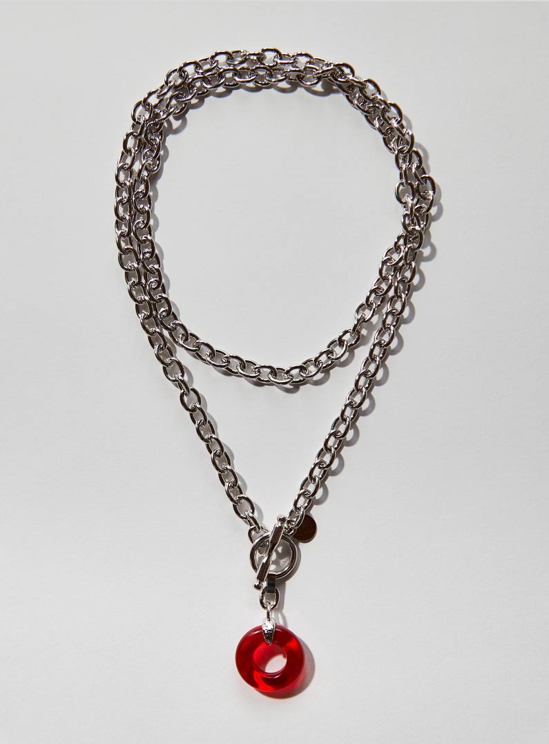 Red Czech glass necklace with an long adjustable silver chunky chain and toggle clasp