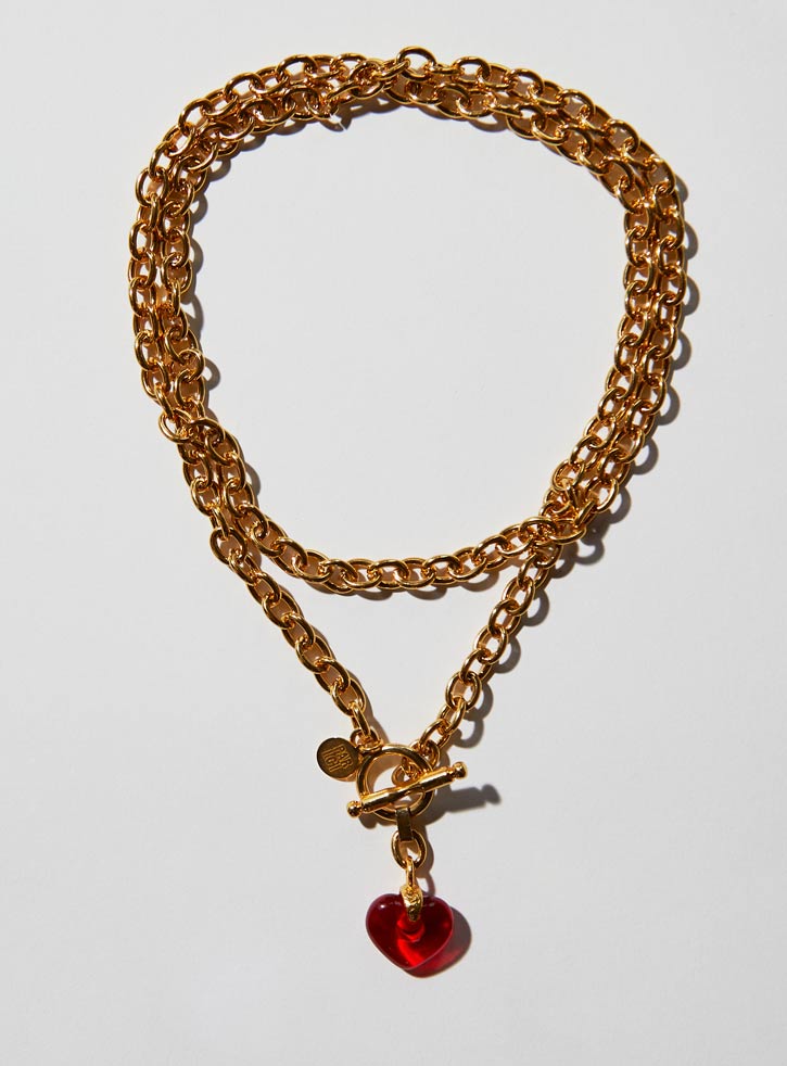 Red Czech glass heart necklace with an long adjustable gold chunky chain and toggle clasp