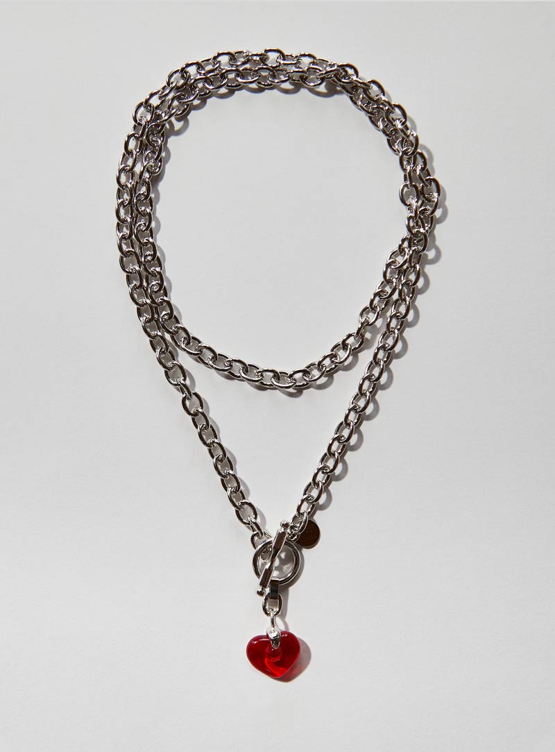 Red Czech glass heart necklace with an long adjustable silver chunky chain and toggle clasp