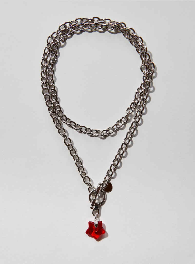 Red Czech glass star necklace with an long adjustable silver chunky chain and toggle clasp