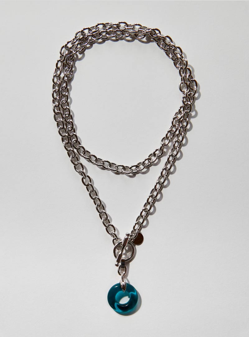 Teal Czech glass necklace with an long adjustable silver chunky chain and toggle clasp