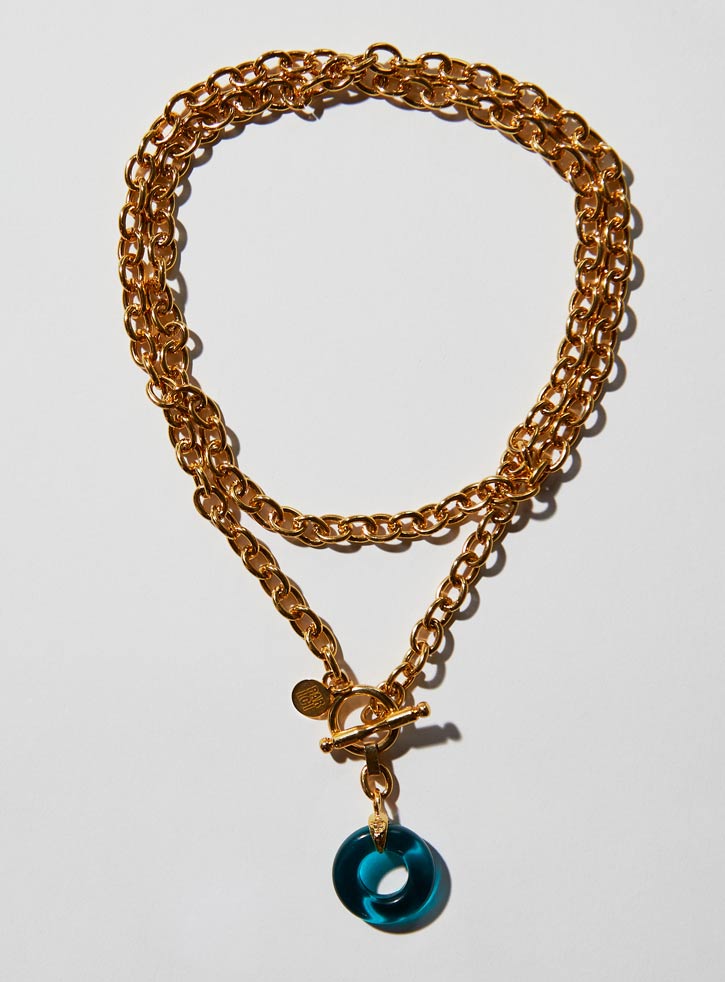 Teal Czech glass necklace with an long adjustable gold chunky chain and toggle clasp