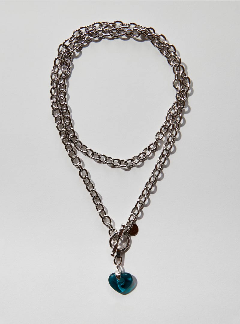 Teal Czech glass heart necklace with an long adjustable silver chunky chain and toggle clasp