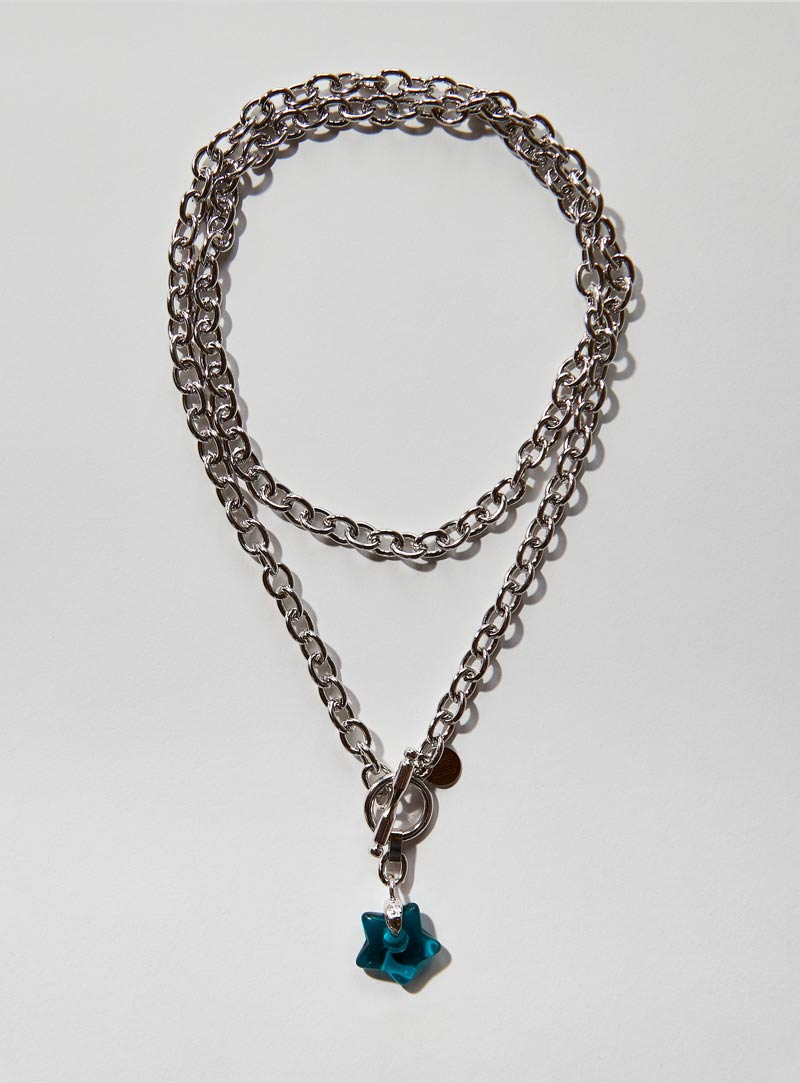Teal Czech glass star necklace with an long adjustable silver chunky chain and toggle clasp