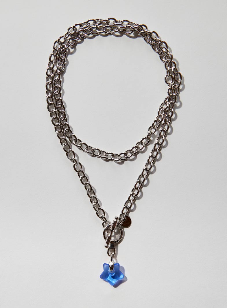 Baby blue Czech glass star necklace with an long adjustable silver chunky chain and toggle clasp