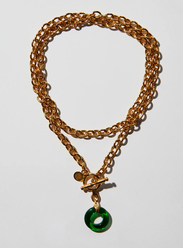 Green Czech glass necklace with an long adjustable gold chunky chain and toggle clasp