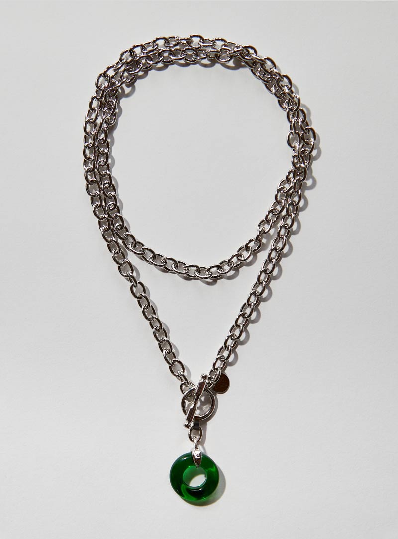 Green Czech glass necklace with an long adjustable silver chunky chain and toggle clasp